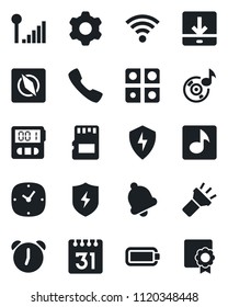 Set of vector isolated black icon - call vector, protect, settings, clock, alarm, stopwatch, bell, sd, calendar, download, wireless, torch, compass, music, cellular signal, battery, application