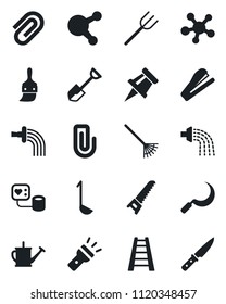 Set of vector isolated black icon - shovel vector, farm fork, rake, ladder, watering can, saw, sickle, blood pressure, share, themes, torch, drawing pin, paper clip, stapler, ladle, knife