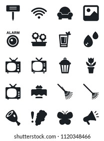 Set of vector isolated black icon - tv vector, flower in pot, rake, butterfly, plant label, garden light, gallery, cushioned furniture, wireless, restaurant table, phyto bar, ham, water, alarm led