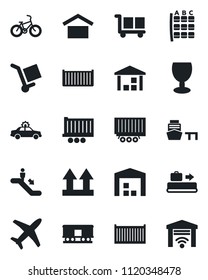 Set of vector isolated black icon - baggage conveyor vector, escalator, alarm car, seat map, bike, plane, truck trailer, cargo container, sea port, fragile, warehouse storage, up side sign, railroad