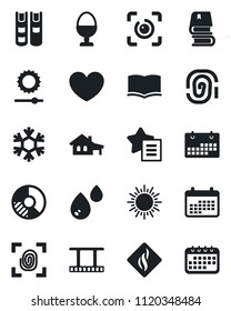 Set of vector isolated black icon - sun vector, book, circle chart, heart, film frame, favorites list, brightness, eye id, calendar, house with garage, egg stand, fingerprint, snowflake, water