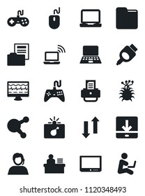 Set of vector isolated black icon - bomb in case vector, wireless notebook, mouse, pc, printer, monitor pulse, virus, support, gamepad, tv, laptop, share, hdmi, folder, data exchange, download