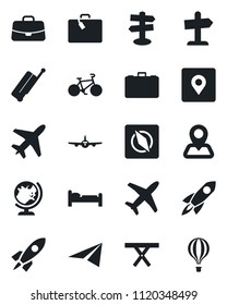 Set of vector isolated black icon - plane vector, suitcase, globe, bed, case, picnic table, bike, signpost, navigation, place tag, compass, rocket, paper, guidepost, air balloon
