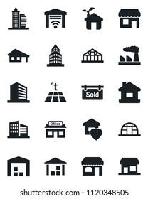 Set of vector isolated black icon - shop vector, office building, factory, greenhouse, store, warehouse, house, with garage, sold signboard, sweet home, eco, warm floor, gate control, storefront