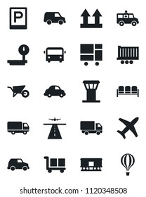 Set of vector isolated black icon - airport tower vector, runway, bus, parking, waiting area, wheelbarrow, ambulance car, plane, truck trailer, delivery, consolidated cargo, up side sign, railroad
