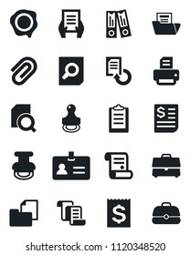 Set of vector isolated black icon - identity vector, contract, office binder, document search, reload, stamp, printer, receipt, folder, clipboard, case, paper clip