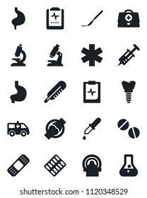 Set of vector isolated black icon - doctor case vector, syringe, dropper, thermometer, microscope, pills, blister, scalpel, patch, tomography, ambulance star, car, stomach, implant, joint, flask