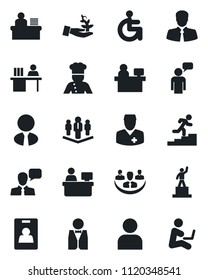 Set of vector isolated black icon - speaking man vector, pedestal, manager place, disabled, doctor, client, speaker, user, company, identity card, desk, career ladder, estate agent, waiter, cook