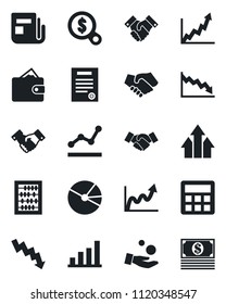 Set of vector isolated black icon - handshake vector, abacus, crisis graph, news, calculator, bar, pie, point, contract, arrow up, wallet, growth, money search, investment, cash