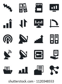 Set of vector isolated black icon - satellite antenna vector, growth statistic, office binder, crisis graph, document, monitor, scanner, sd, data exchange, bar, folder, wireless, social media