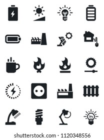 Set of vector isolated black icon - hot cup vector, fire, battery, brightness, charge, desk lamp, factory, home control, socket, radiator, energy saving bulb, sun panel, idea