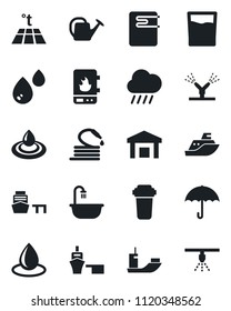 Set of vector isolated black icon - watering can vector, water drop, rain, hose, sea shipping, port, umbrella, warehouse, bathroom, drink, irrigation, heater, filter, warm floor, sprinkler
