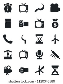Set of vector isolated black icon - alarm clock vector, tv, well, sickle, video camera, microphone, call, rolling pin, fridge, windmill, money bag, sand