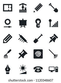 Set of vector isolated black icon - presentation board vector, bulb, job, pencil, garden fork, shovel, rake, well, brightness, fingerprint id, cellular signal, drawing pin, ink pen, plan, phone, pc