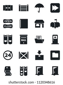 Set of vector isolated black icon - 24 around vector, automatic door, shop, medical room, book, container, umbrella, package, fast forward, folder, copybook, document, mailbox, open close