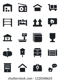 Set of vector isolated black icon - bird house vector, doctor case, container, fragile, cargo, warehouse storage, up side sign, heavy scales, rack, radio, blank box, archive, mailbox, home message