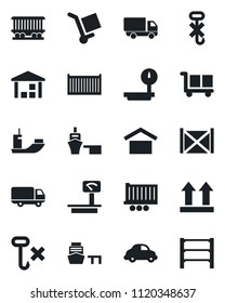Set of vector isolated black icon - railroad vector, sea shipping, truck trailer, cargo container, car delivery, port, warehouse storage, up side sign, no hook, heavy scales, rack
