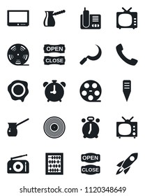 Set of vector isolated black icon - alarm clock vector, abacus, stamp, sickle, plant label, reel, vinyl, radio, tv, phone, call, open close, turkish coffee, rocket