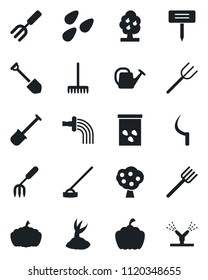 Set of vector isolated black icon - job vector, garden fork, shovel, farm, rake, watering can, sproute, hoe, sickle, plant label, pumpkin, seeds, fruit tree, irrigation