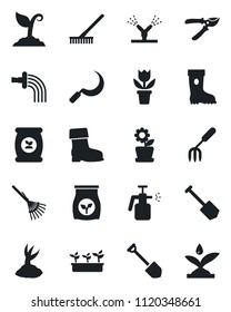 Set of vector isolated black icon - job vector, flower in pot, garden fork, rake, watering, sproute, pruner, boot, seedling, sickle, sprayer, fertilizer, irrigation