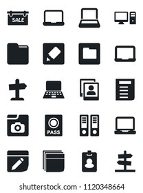 Set of vector isolated black icon - passport vector, office binder, notebook pc, document, laptop, folder, notes, photo gallery, blank box, sale, pass card, guidepost