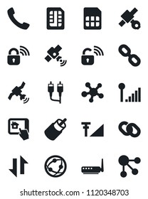 Set of vector isolated black icon - satellite vector, network, share, chain, rca, call, sim, data exchange, cellular signal, wireless lock, router, home control app, social media