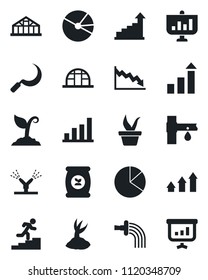Set of vector isolated black icon - growth statistic vector, seedling, watering, sproute, sickle, greenhouse, fertilizer, drip irrigation, bar graph, pie, career ladder, arrow up, crisis