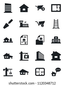 Set of vector isolated black icon - airport building vector, office, trowel, ladder, wheelbarrow, hospital, house, with garage, tree, plan, estate document, city, crane, home message