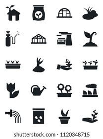 Set of vector isolated black icon - factory vector, seedling, watering can, sproute, greenhouse, seeds, pond, garden sprayer, fertilizer, tulip, flower in pot, eco house, palm