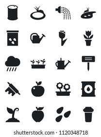 Set of vector isolated black icon - flower in pot vector, watering can, sproute, seedling, rain, plant label, seeds, pond, tulip, oil barrel, rolling pin, apple fruit, water filter