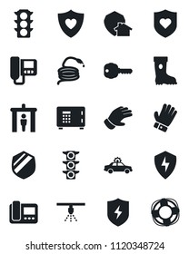 Set of vector isolated black icon - security gate vector, alarm car, safe, glove, boot, hose, heart shield, traffic light, protect, key, intercome, home, sprinkler, crisis management