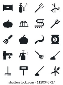 Set of vector isolated black icon - fence vector, garden fork, farm, rake, hoe, sickle, plant label, pumpkin, greenhouse, sprayer, fertilizer, drip irrigation, windmill