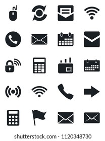 Set of vector isolated black icon - phone vector, right arrow, mail, mouse, calendar, call, wireless, update, calculator, lock, flag