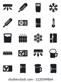 Set of vector isolated black icon - thermometer vector, heater, air conditioner, fridge, drink, beer, snowflake