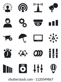 Set of vector isolated black icon - umbrella vector, alarm clock, hierarchy, wheelbarrow, support, sorting, microphone, antenna, settings, tv, speaker, hr, plates, wireless, surveillance, gear