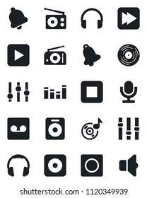 Set of vector isolated black icon - vinyl vector, radio, settings, equalizer, microphone, headphones, speaker, play button, stop, fast forward, rec, bell, record, music, sound