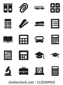 Set of vector isolated black icon - airport bus vector, book, calculator, graduate, abacus, microscope, case, paper clip, stapler