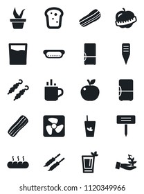 Set of vector isolated black icon - hot cup vector, seedling, plant label, diet, fridge, drink, phyto bar, bacon, bread, kebab, dog, apple fruit, fan, palm sproute