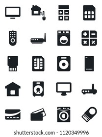 Set of vector isolated black icon - calculator vector, monitor, speaker, phone back, sim, washer, smart home, credit card, control, remote, router, usb flash