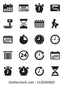 Set of vector isolated black icon - 24 around vector, alarm clock, flight table, calendar, heavy scales, stopwatch, manager, schedule, sand