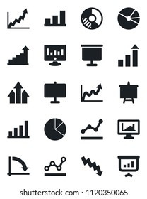Set of vector isolated black icon - growth statistic vector, presentation board, crisis graph, monitor, circle chart, statistics, bar, pie, point, arrow up