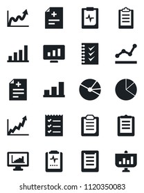 Set of vector isolated black icon - statistic monitor vector, diagnosis, pulse clipboard, statistics, bar graph, pie, checklist, point, growth, presentation