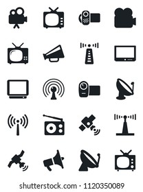 Set of vector isolated black icon - antenna vector, satellite, radio, loudspeaker, tv, video camera