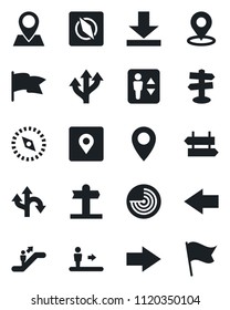 Set of vector isolated black icon - elevator vector, escalator, signpost, right arrow, left, radar, route, pin, download, place tag, compass, flag