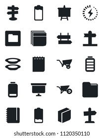 Set of vector isolated black icon - signpost vector, notepad, presentation board, wheelbarrow, battery, low, folder, charge, blank box, plates, guidepost