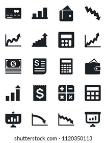 Set of vector isolated black icon - credit card vector, growth statistic, calculator, crisis graph, receipt, bar, wallet, cash, presentation