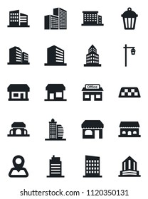 Set of vector isolated black icon - taxi vector, shop, office building, garden light, navigation, store, city house, cafe, storefront