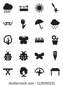 Set of vector isolated black icon - umbrella vector, sun, flower in pot, ripper, tree, butterfly, lady bug, seedling, rain, plant label, picnic table, tulip