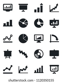 Set of vector isolated black icon - growth statistic vector, presentation board, crisis graph, circle chart, monitor statistics, bar, pie, point