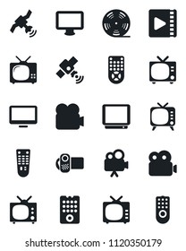 Set of vector isolated black icon - tv vector, reel, satellite, video camera, remote control, monitor